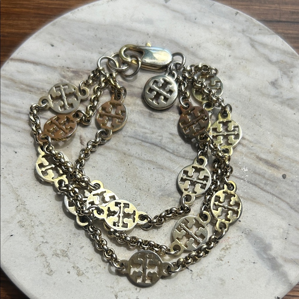 Tory Burch Gold Plated Logo Three Chain Bracelet
